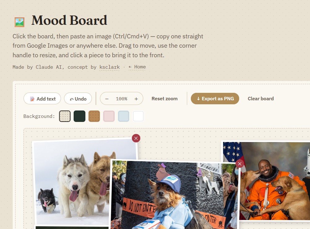 A screenshot of a website where you can make mood boards