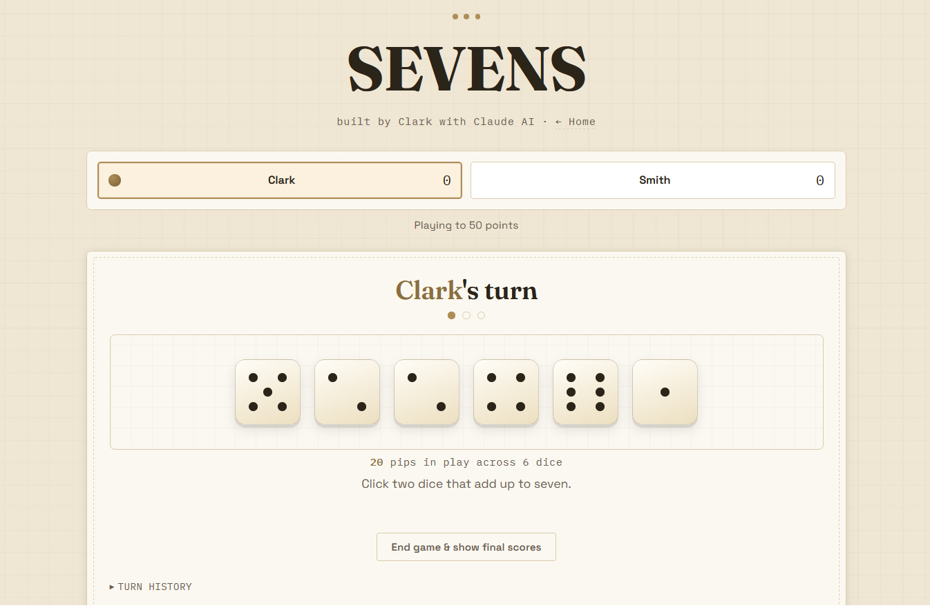 A screenshot of a website where you can play Sevens