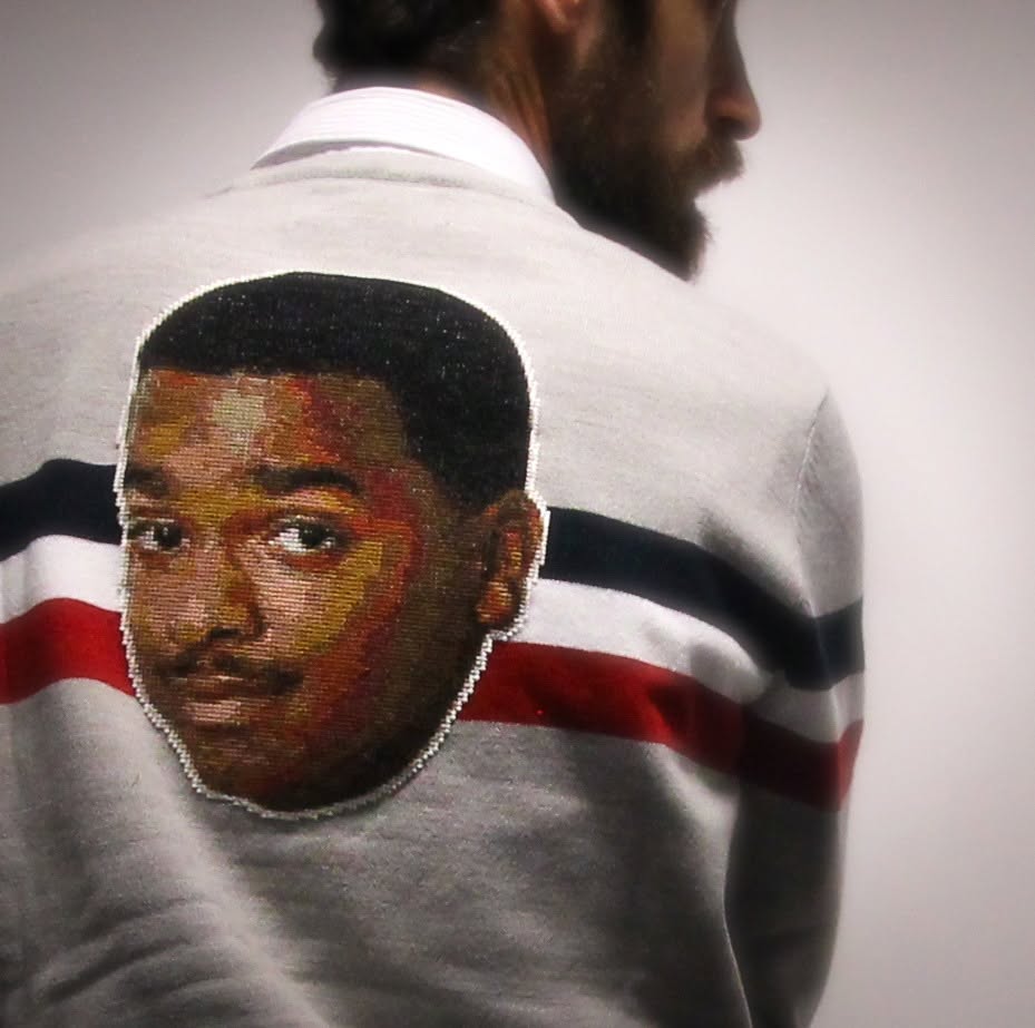 A cross-stitch of Carlton, from the Fresh Prince of Bel Air, on a jumper.