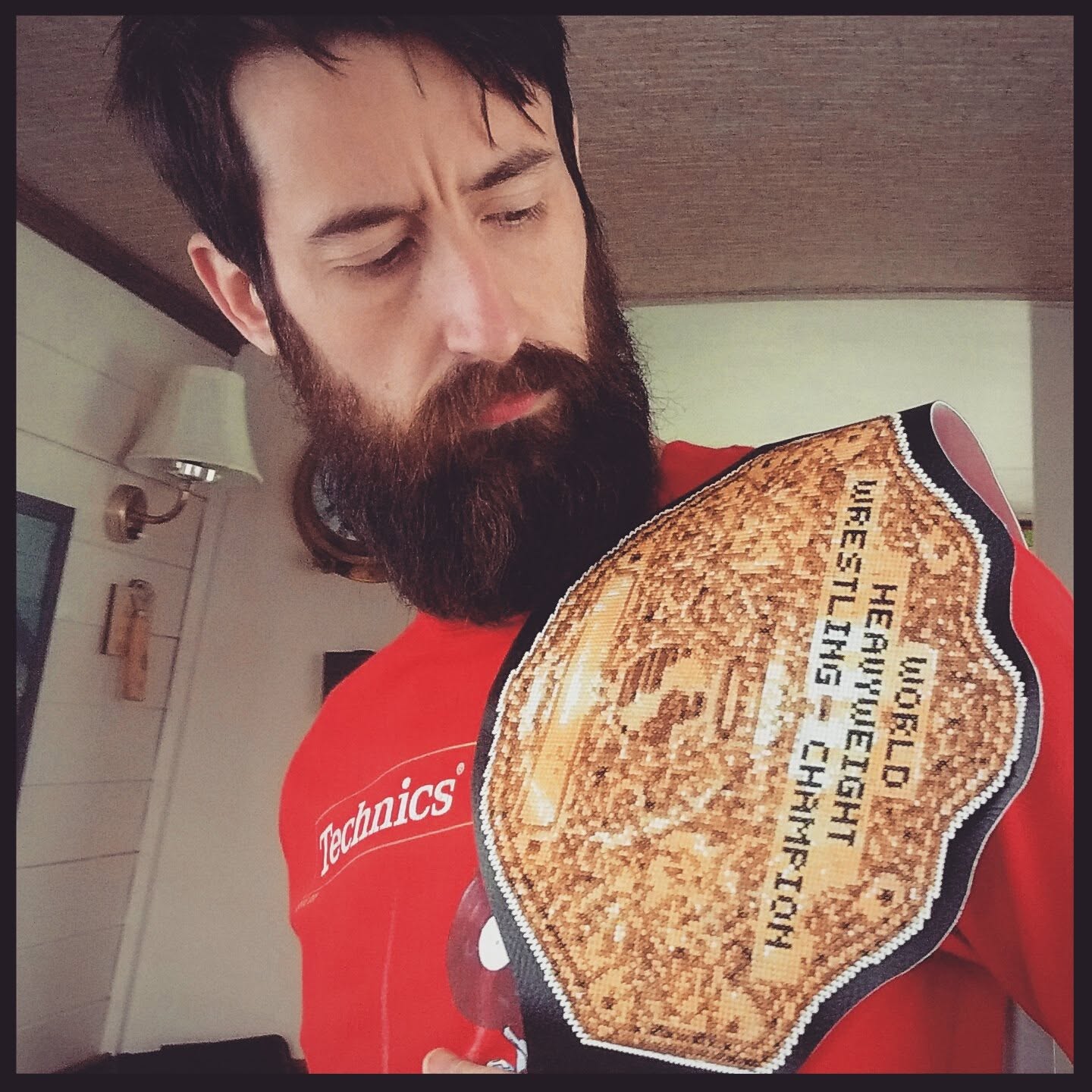 A cross-stitch of wrestling's big gold belt.