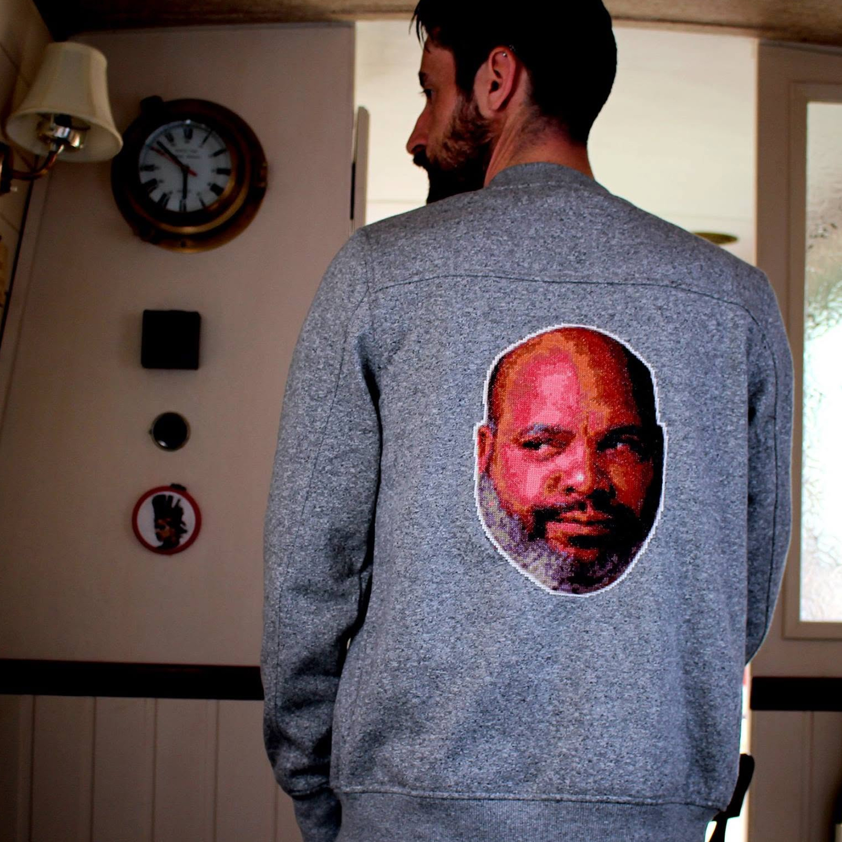 A cross-stitch of Uncle Phil, from the Fresh Prince of Bel Air, on a jumper.